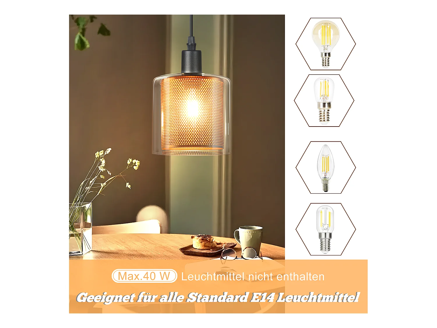 NETTLIFE Lampe suspendue vintage 1 flamme : lampe suspendue en verre doré avec prise et interrupteur lampe suspendue E14