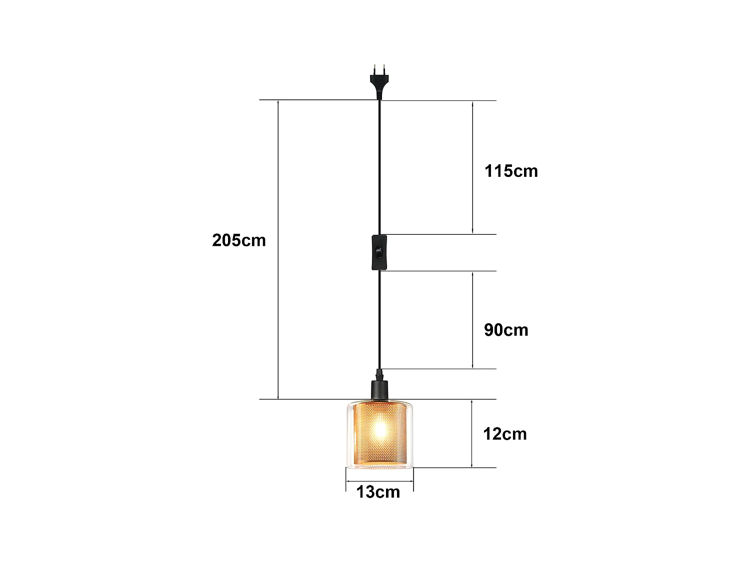 NETTLIFE Lampe suspendue vintage 1 flamme : lampe suspendue en verre doré avec prise et interrupteur lampe suspendue E14