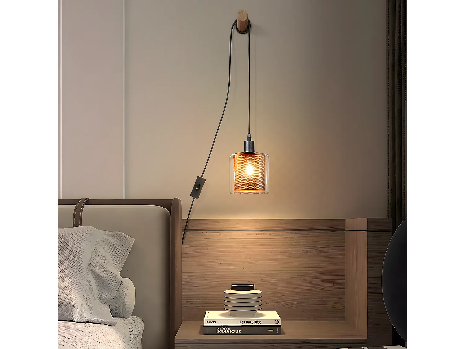 NETTLIFE Lampe suspendue vintage 1 flamme : lampe suspendue en verre doré avec prise et interrupteur lampe suspendue E14