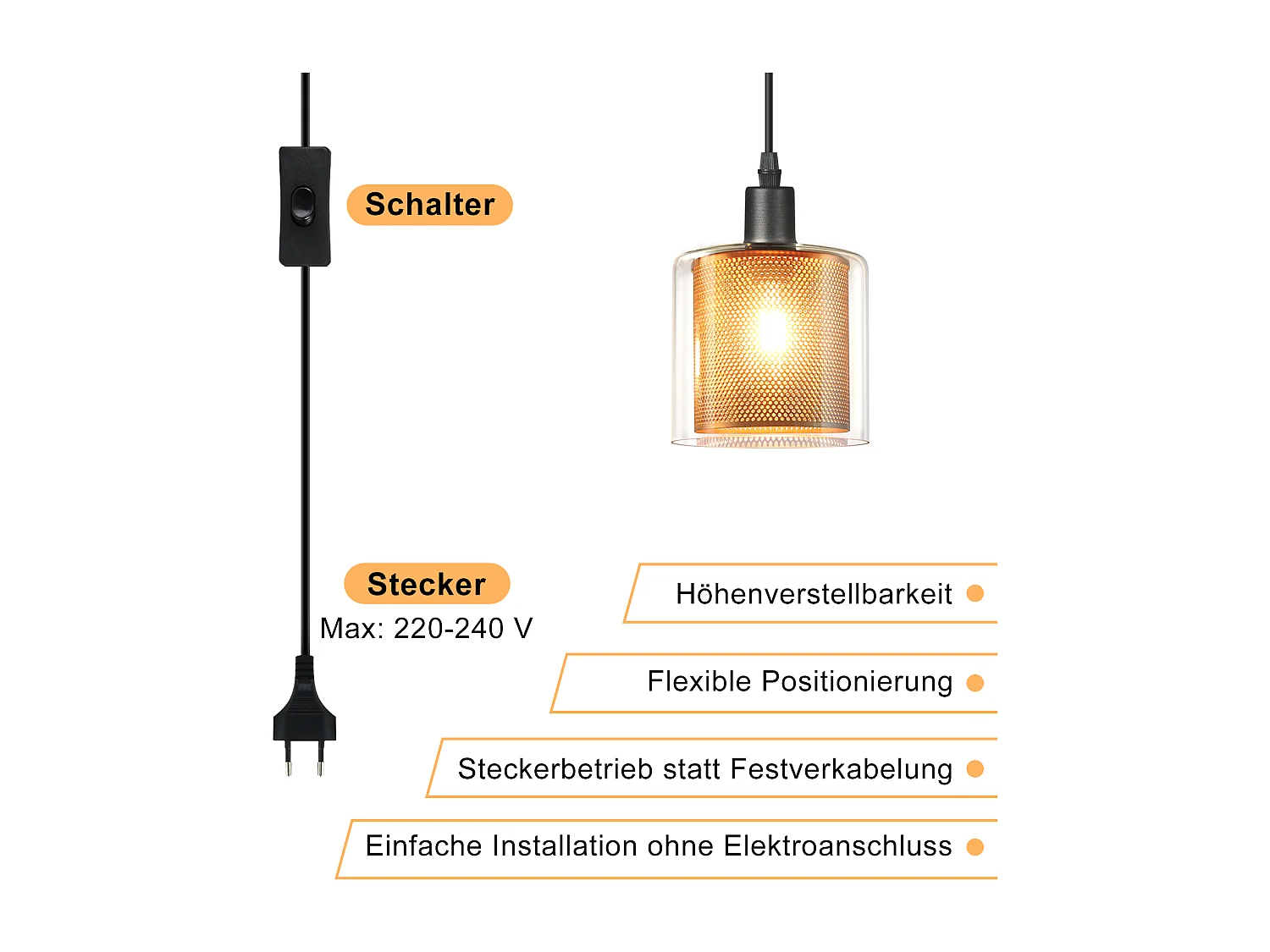 NETTLIFE Lampe suspendue vintage 1 flamme : lampe suspendue en verre doré avec prise et interrupteur lampe suspendue E14