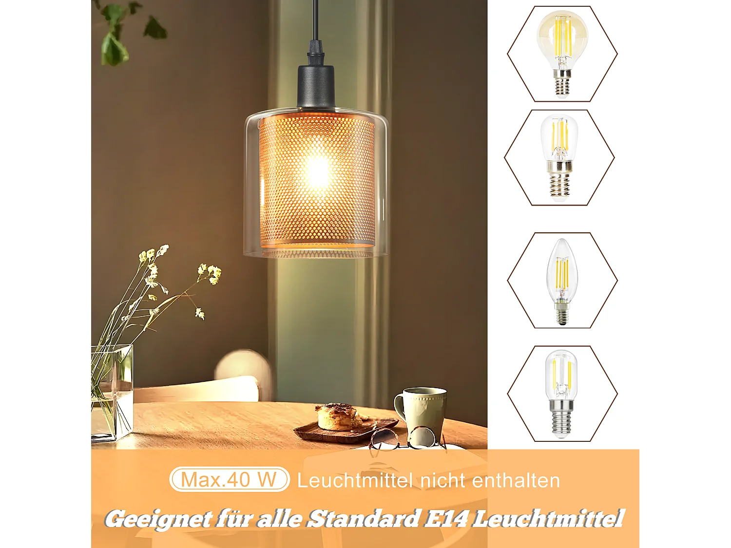 NETTLIFE Lampe suspendue vintage 1 flamme : lampe suspendue en verre doré avec prise et interrupteur lampe suspendue E14