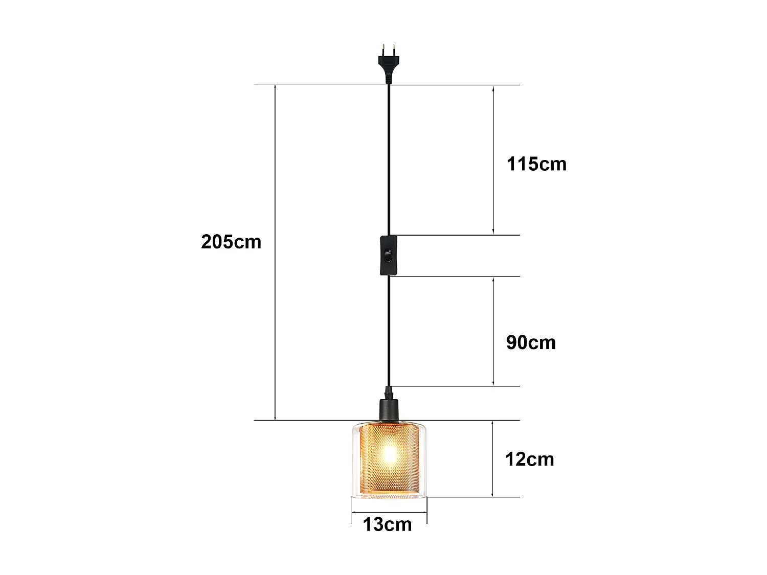 NETTLIFE Lampe suspendue vintage 1 flamme : lampe suspendue en verre doré avec prise et interrupteur lampe suspendue E14