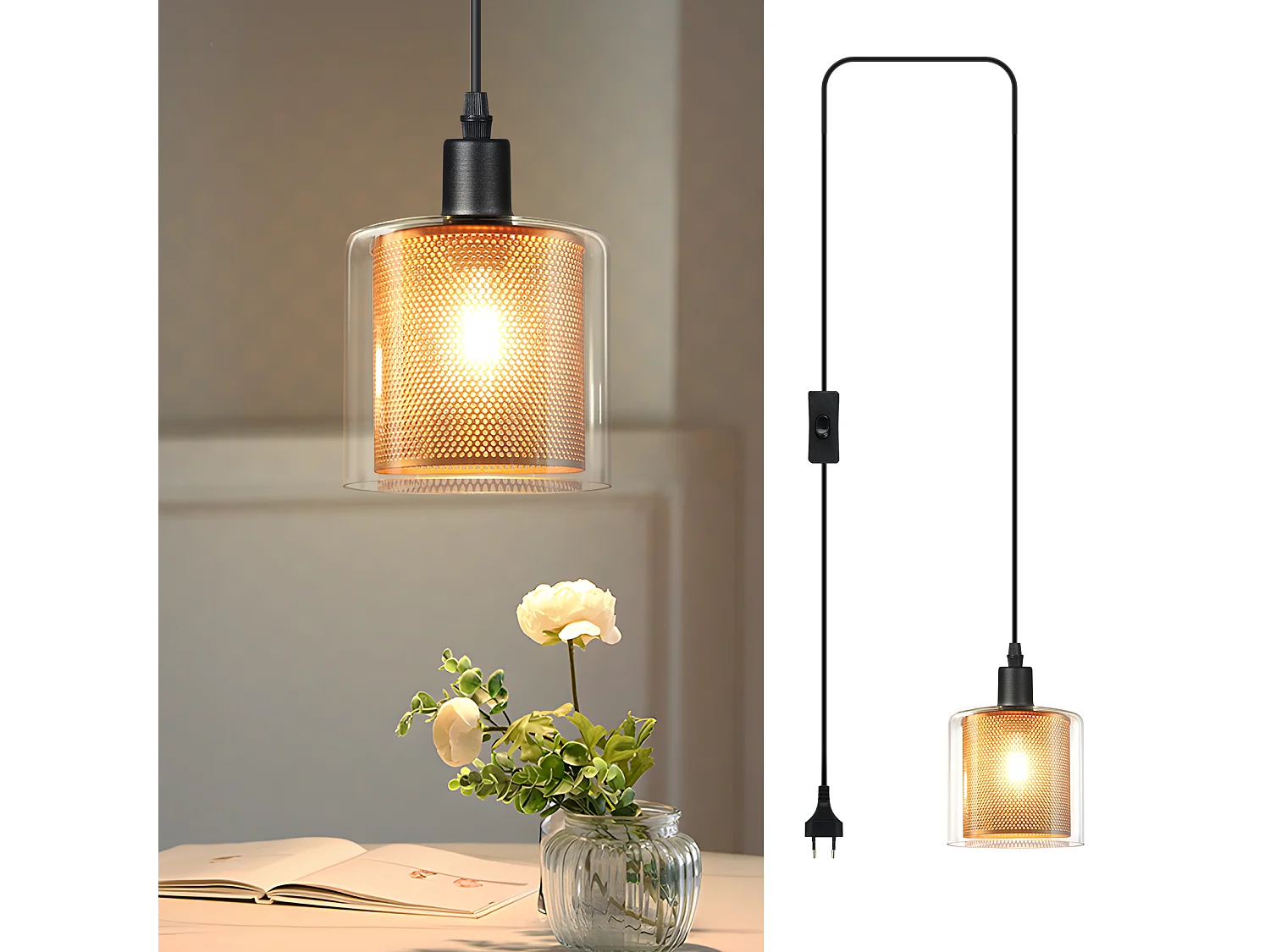 NETTLIFE Lampe suspendue vintage 1 flamme : lampe suspendue en verre doré avec prise et interrupteur lampe suspendue E14