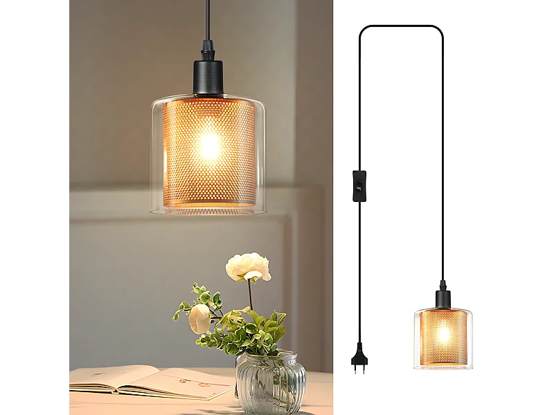 NETTLIFE Lampe suspendue vintage 1 flamme : lampe suspendue en verre doré avec prise et interrupteur lampe suspendue E14