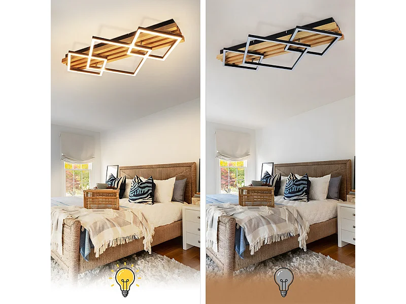 NETTLIFE LED houten plafondlamp: 70 cm, dimbaar, modern, 46 W, zwart vierkant. Geschikt voor woonkamer, slaapkamer, keuken, hal en kantoor.