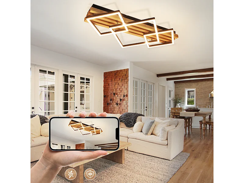 NETTLIFE LED houten plafondlamp: 70 cm, dimbaar, modern, 46 W, zwart vierkant. Geschikt voor woonkamer, slaapkamer, keuken, hal en kantoor.