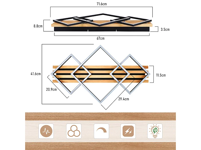 NETTLIFE Plafonnier led bois: 70cm, dimmable, moderne, 46w, carré noir. Pour salon, chambre, cuisine, couloir, bureau.