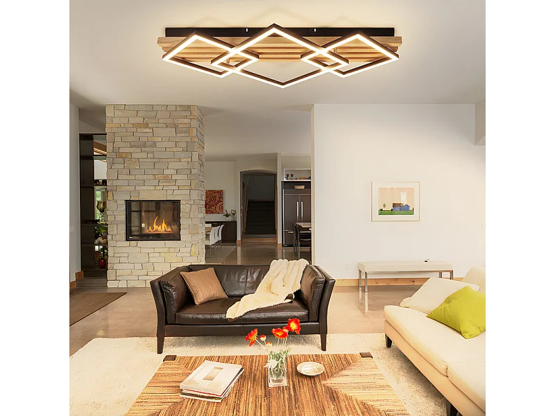 NETTLIFE Plafonnier led bois: 70cm, dimmable, moderne, 46w, carré noir. Pour salon, chambre, cuisine, couloir, bureau.