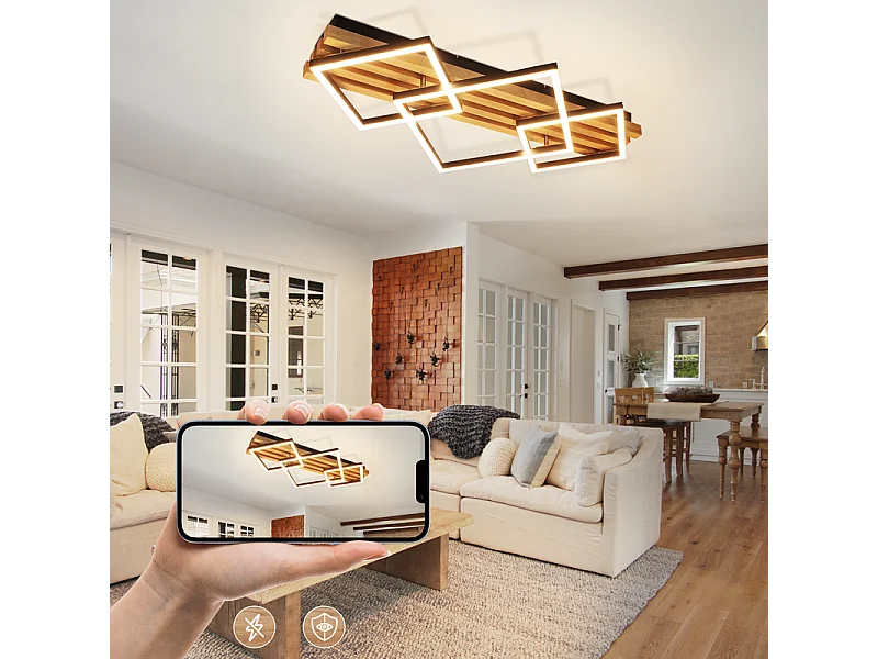 NETTLIFE Plafonnier led bois: 70cm, dimmable, moderne, 46w, carré noir. Pour salon, chambre, cuisine, couloir, bureau.