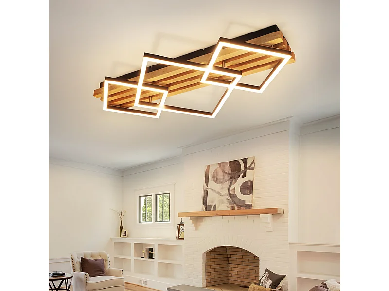 NETTLIFE LED houten plafondlamp: 70 cm, dimbaar, modern, 46 W, zwart vierkant. Geschikt voor woonkamer, slaapkamer, keuken, hal en kantoor.