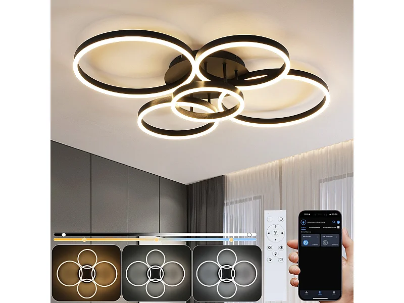 NETTLIFE Plafonnier LED pour salon, intensité variable, 78 W, 3 000-6 500 K, 5 anneaux, en acrylique doré moderne, avec télécommande
