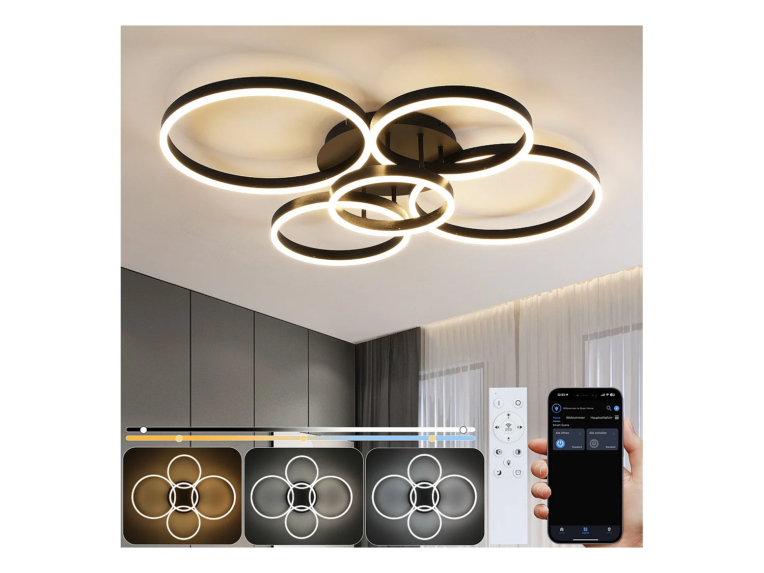 NETTLIFE Plafonnier LED pour salon, intensité variable, 78 W, 3 000-6 500 K, 5 anneaux, en acrylique doré moderne, avec télécommande