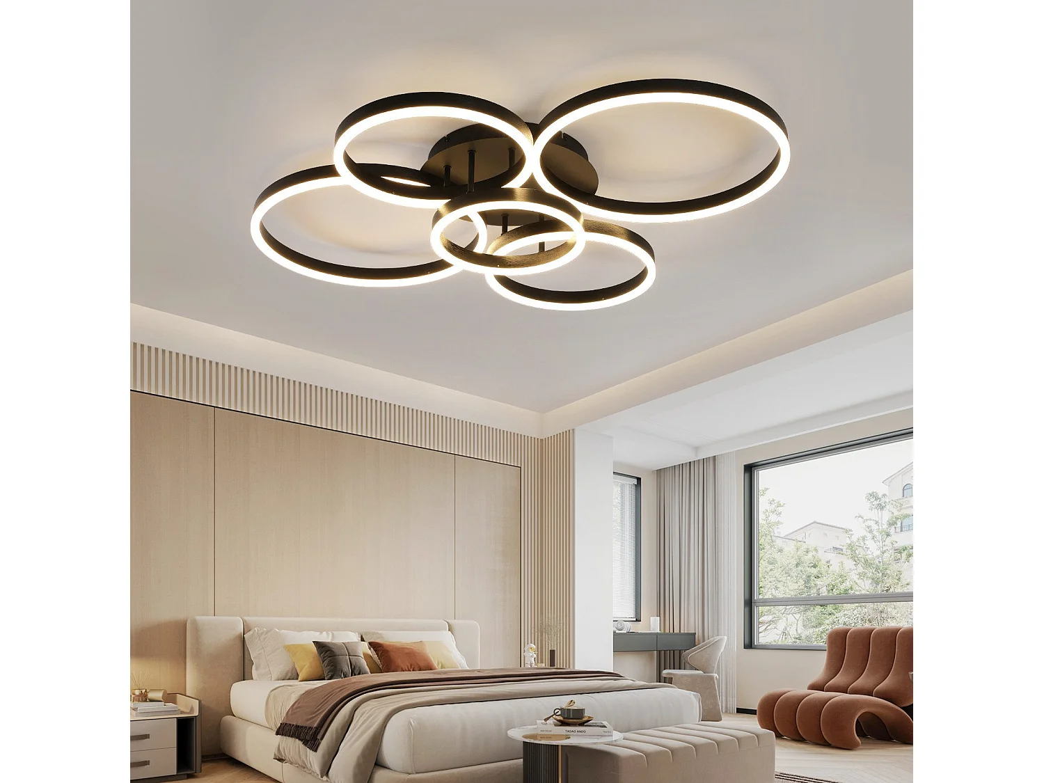 NETTLIFE Plafonnier LED pour salon, intensité variable, 78 W, 3 000-6 500 K, 5 anneaux, en acrylique doré moderne, avec télécommande