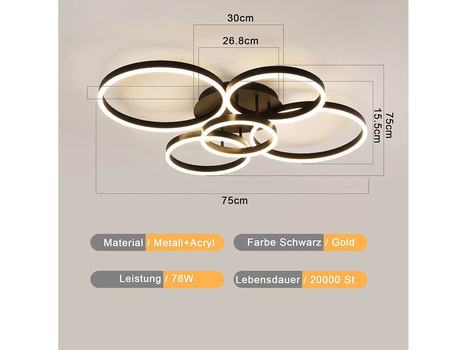 NETTLIFE Plafonnier LED pour salon, intensité variable, 78 W, 3 000-6 500 K, 5 anneaux, en acrylique doré moderne, avec télécommande