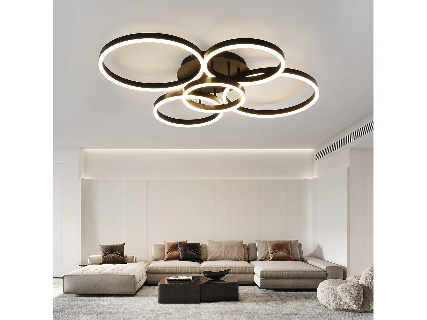 NETTLIFE Plafonnier LED pour salon, intensité variable, 78 W, 3 000-6 500 K, 5 anneaux, en acrylique doré moderne, avec télécommande