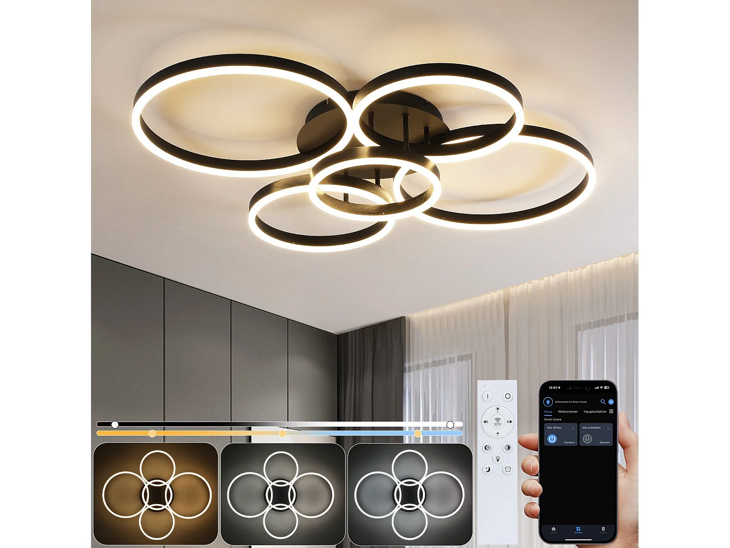 NETTLIFE Plafonnier LED pour salon, intensité variable, 78 W, 3 000-6 500 K, 5 anneaux, en acrylique doré moderne, avec télécommande