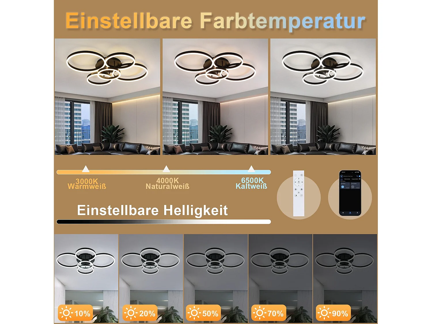 NETTLIFE Plafonnier LED pour salon, intensité variable, 78 W, 3 000-6 500 K, 5 anneaux, en acrylique doré moderne, avec télécommande