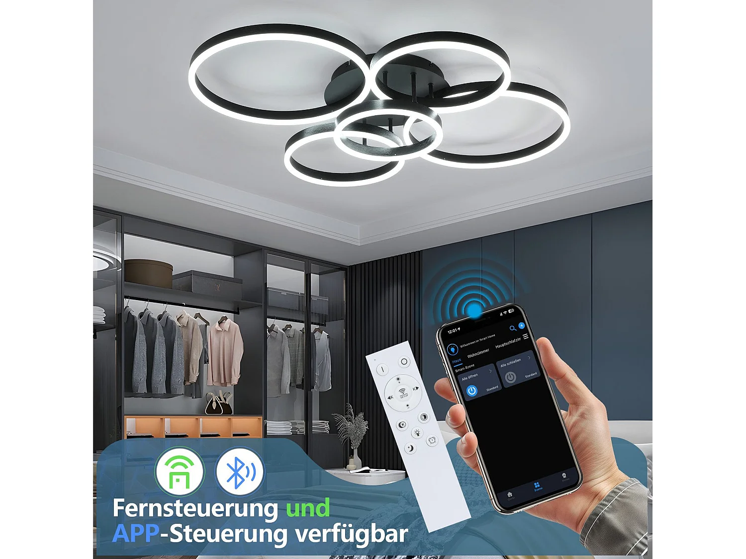 NETTLIFE Plafonnier LED pour salon, intensité variable, 78 W, 3 000-6 500 K, 5 anneaux, en acrylique doré moderne, avec télécommande