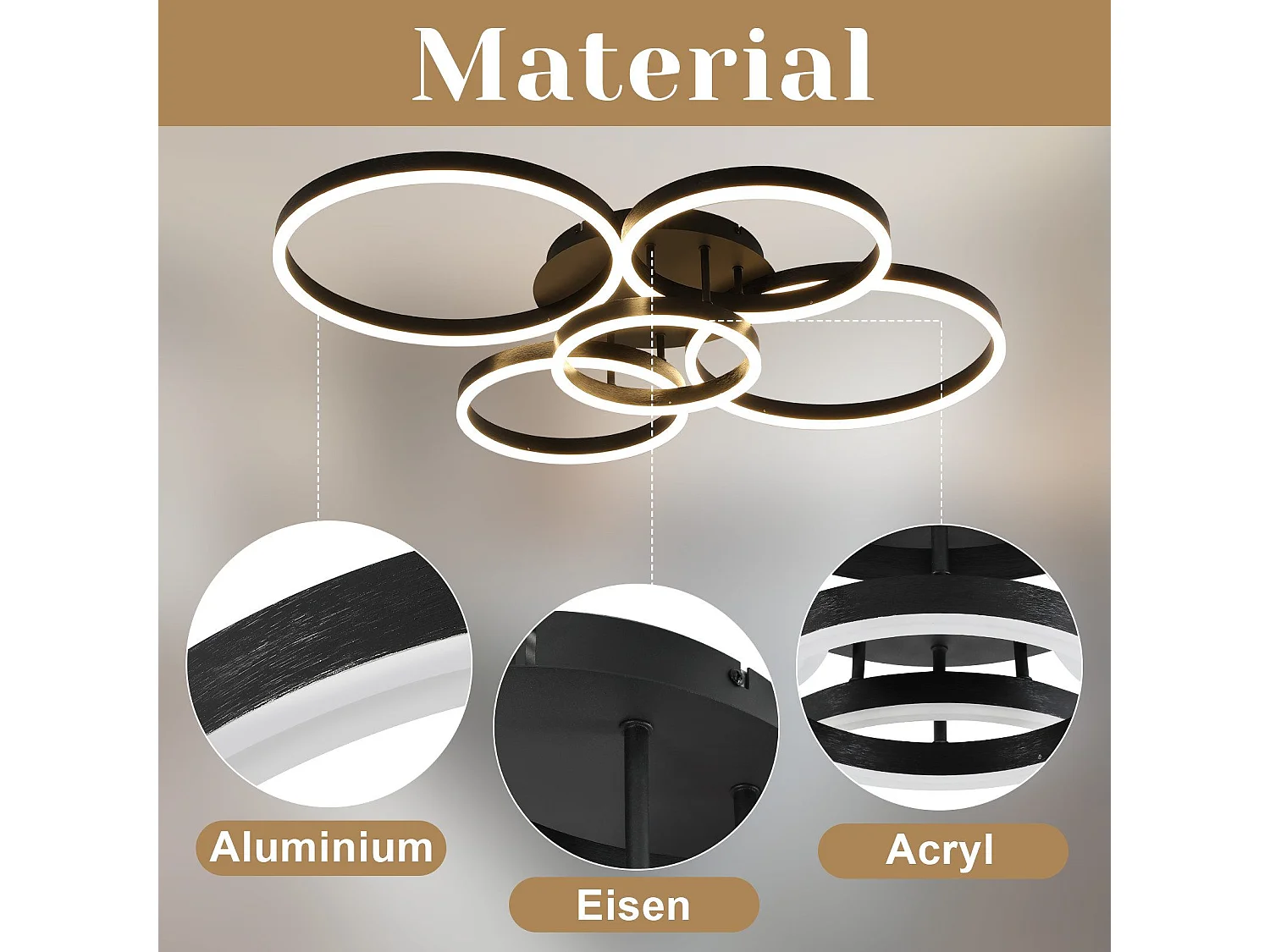 NETTLIFE Plafonnier LED pour salon, intensité variable, 78 W, 3 000-6 500 K, 5 anneaux, en acrylique doré moderne, avec télécommande