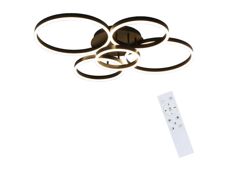 NETTLIFE Plafonnier LED pour salon, intensité variable, 78 W, 3 000-6 500 K, 5 anneaux, en acrylique doré moderne, avec télécommande