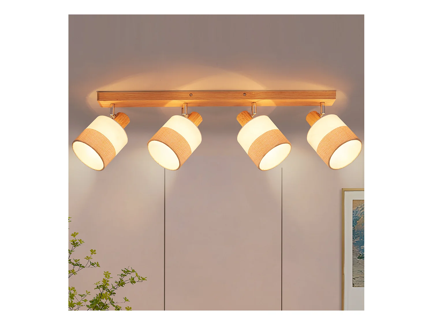 NETTLIFE Plafonnier spot 4 flammes bois - plafonnier vintage E14 abat-jour tissu rétro orientable 350°