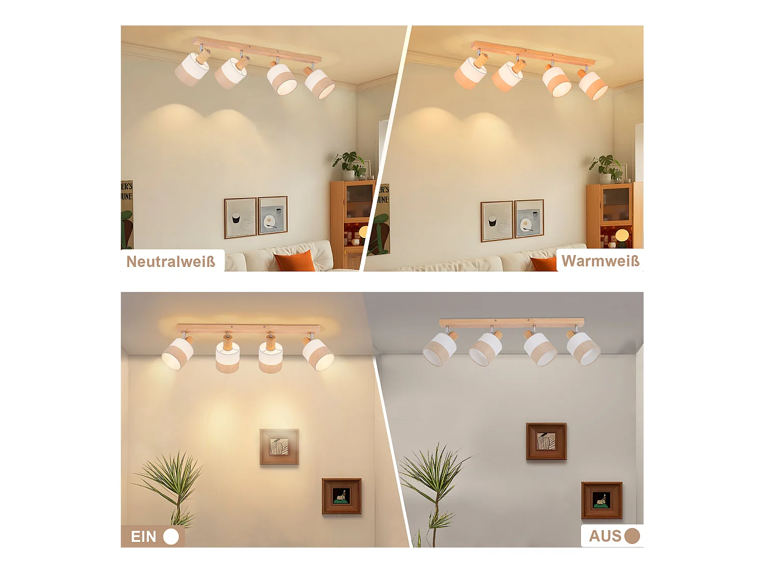 NETTLIFE Plafonnier spot 4 flammes bois - plafonnier vintage E14 abat-jour tissu rétro orientable 350°