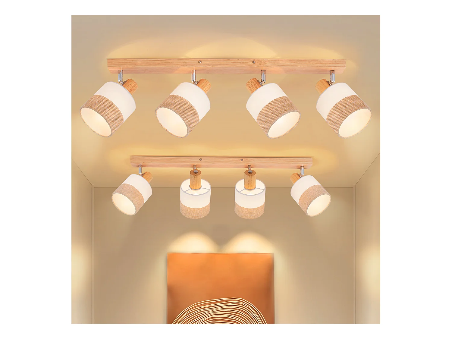 NETTLIFE Plafonnier spot 4 flammes bois - plafonnier vintage E14 abat-jour tissu rétro orientable 350°