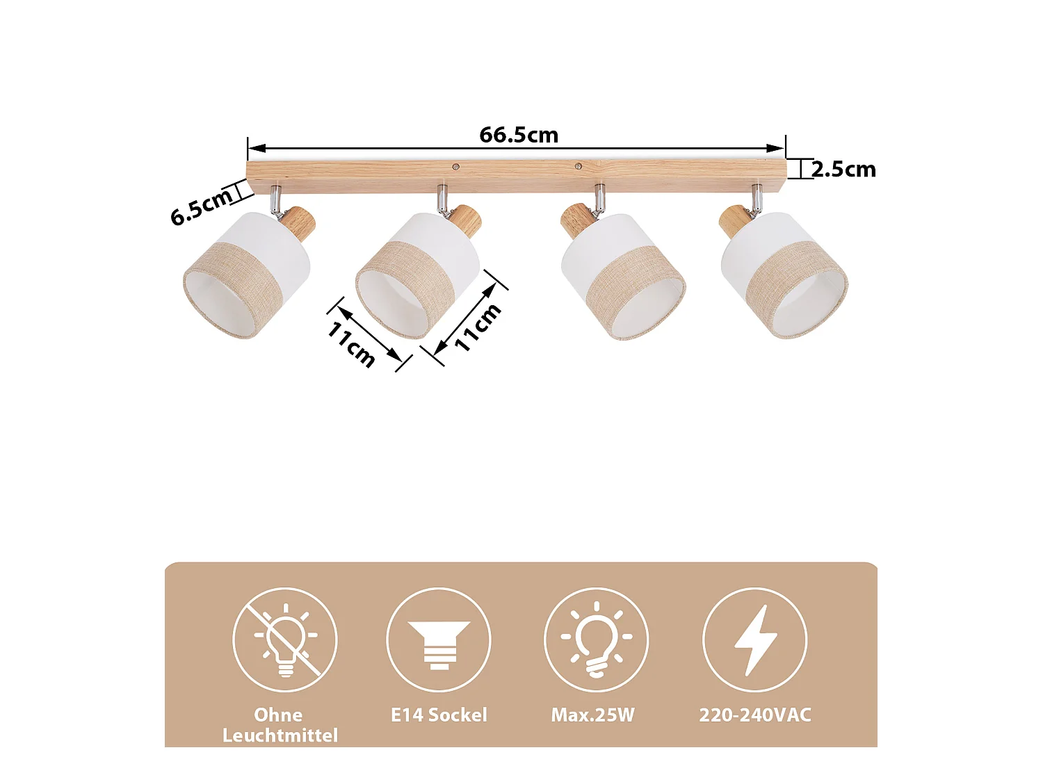 NETTLIFE Plafonnier spot 4 flammes bois - plafonnier vintage E14 abat-jour tissu rétro orientable 350°