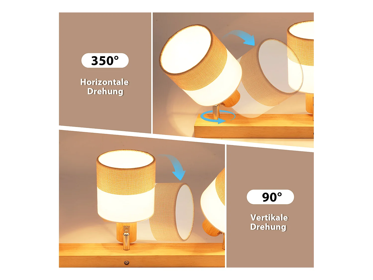 NETTLIFE Plafonnier spot 4 flammes bois - plafonnier vintage E14 abat-jour tissu rétro orientable 350°