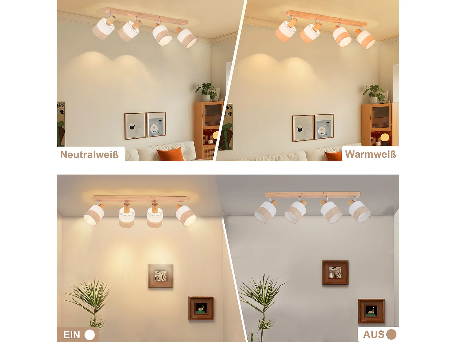 NETTLIFE Plafonnier spot 4 flammes bois - plafonnier vintage E14 abat-jour tissu rétro orientable 350°