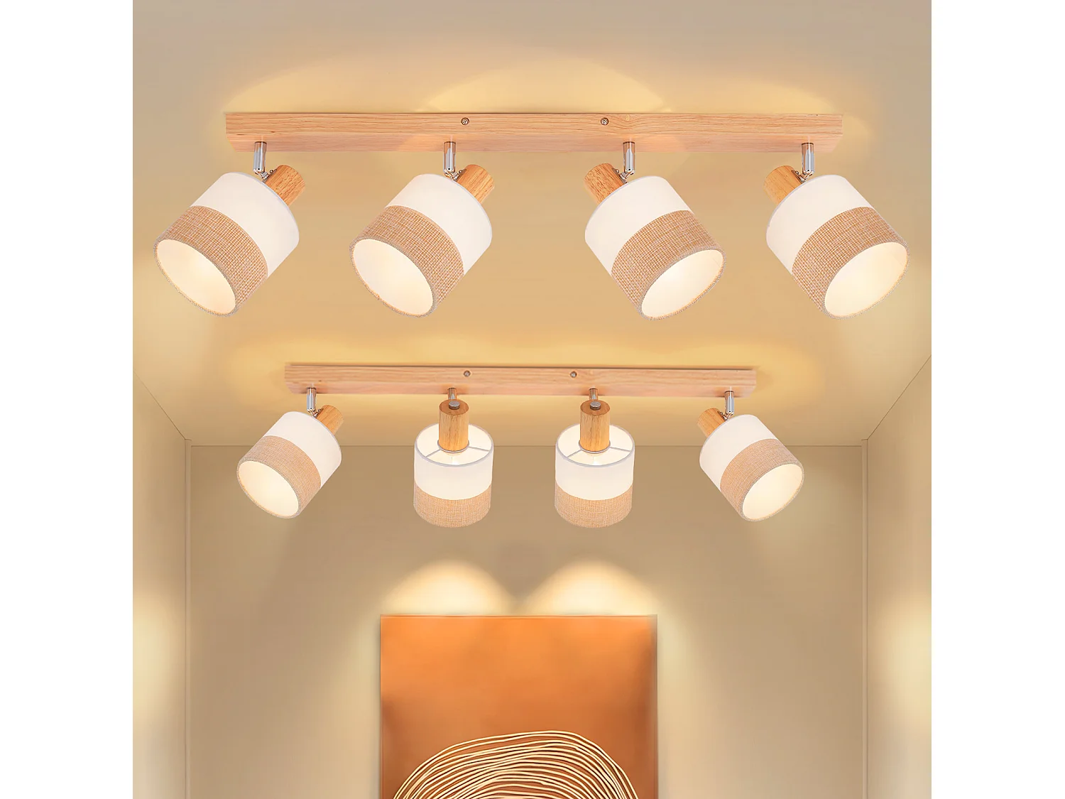 NETTLIFE Plafonnier spot 4 flammes bois - plafonnier vintage E14 abat-jour tissu rétro orientable 350°