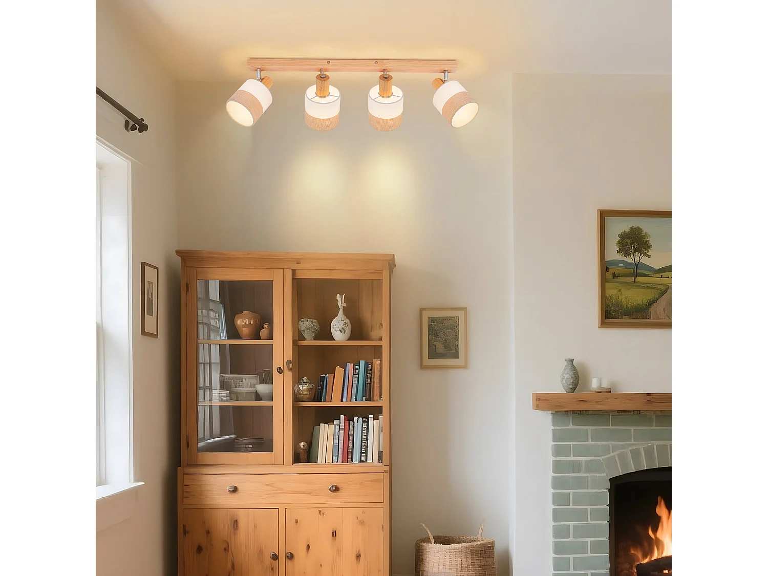 NETTLIFE Plafonnier spot 4 flammes bois - plafonnier vintage E14 abat-jour tissu rétro orientable 350°