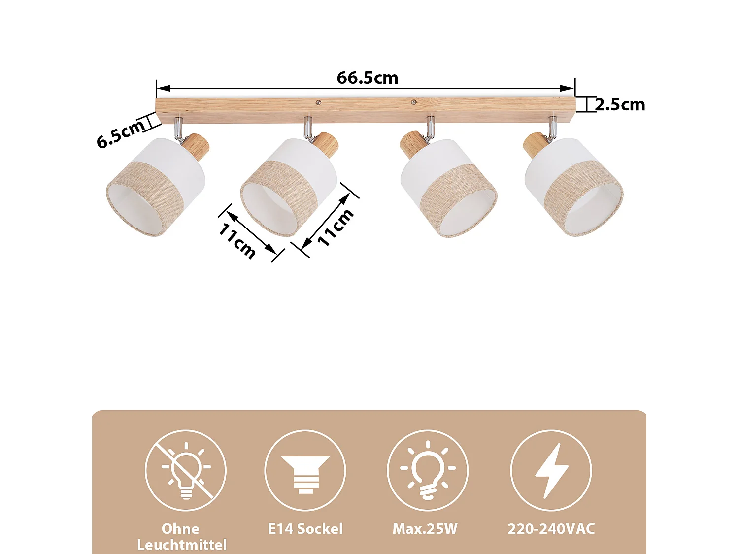NETTLIFE Plafonnier spot 4 flammes bois - plafonnier vintage E14 abat-jour tissu rétro orientable 350°