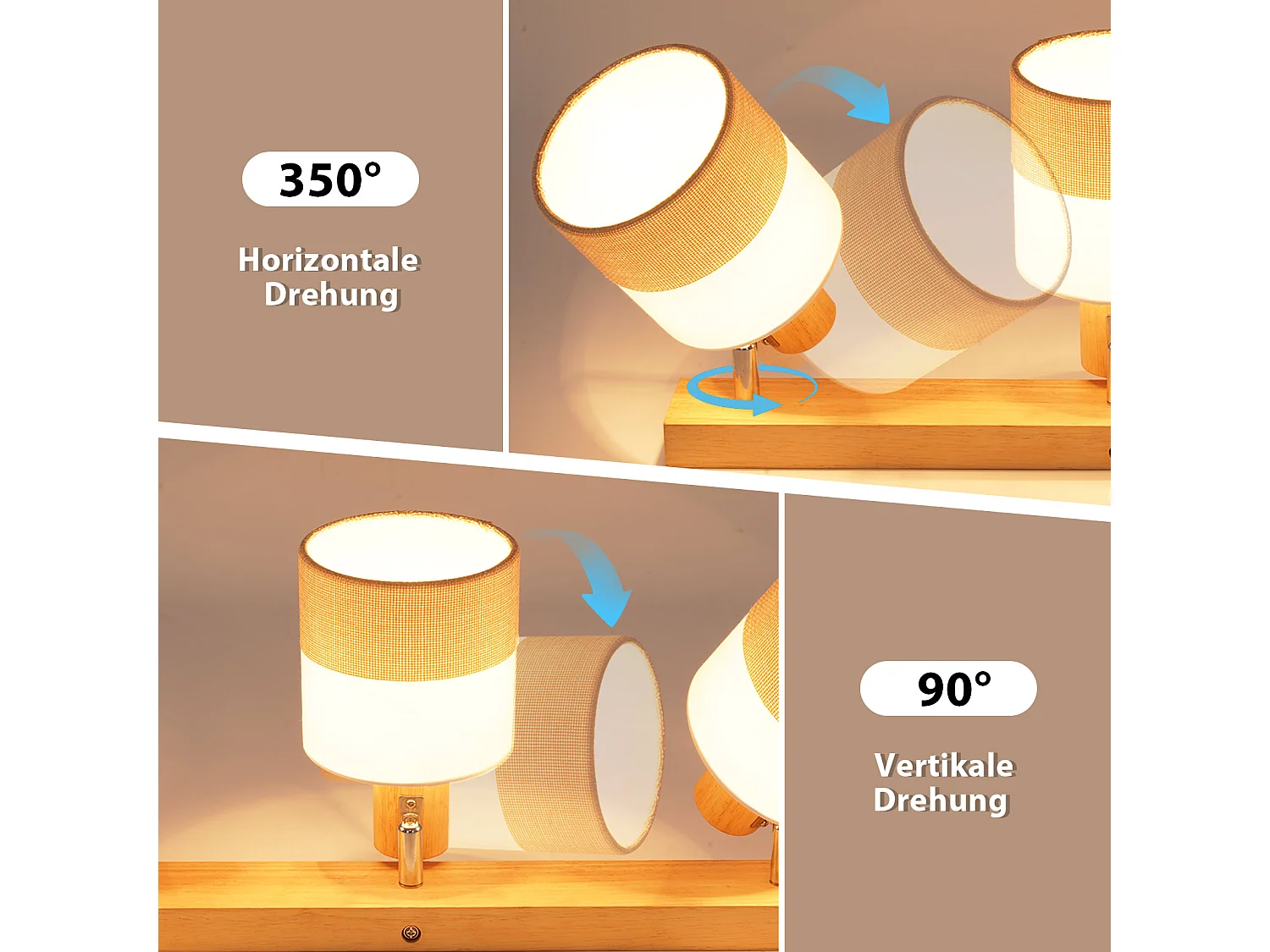 NETTLIFE Plafonnier spot 4 flammes bois - plafonnier vintage E14 abat-jour tissu rétro orientable 350°