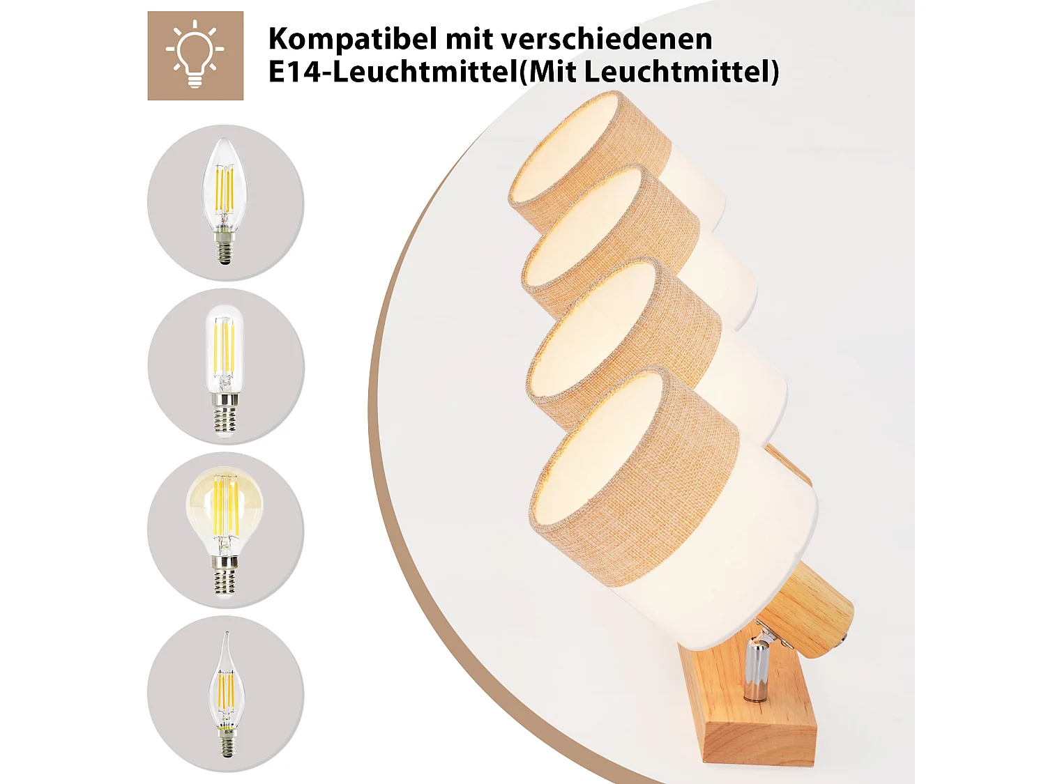 NETTLIFE Plafonnier spot 4 flammes bois - plafonnier vintage E14 abat-jour tissu rétro orientable 350°