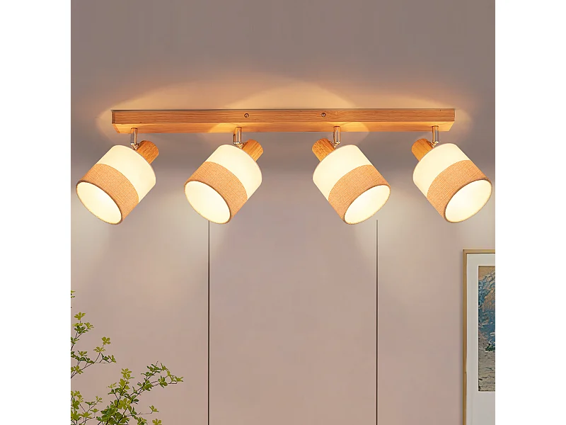 NETTLIFE 4-vlams houten plafondlamp - vintage E14 plafondlamp met retro stoffen lampenkap, 350° verstelbaar