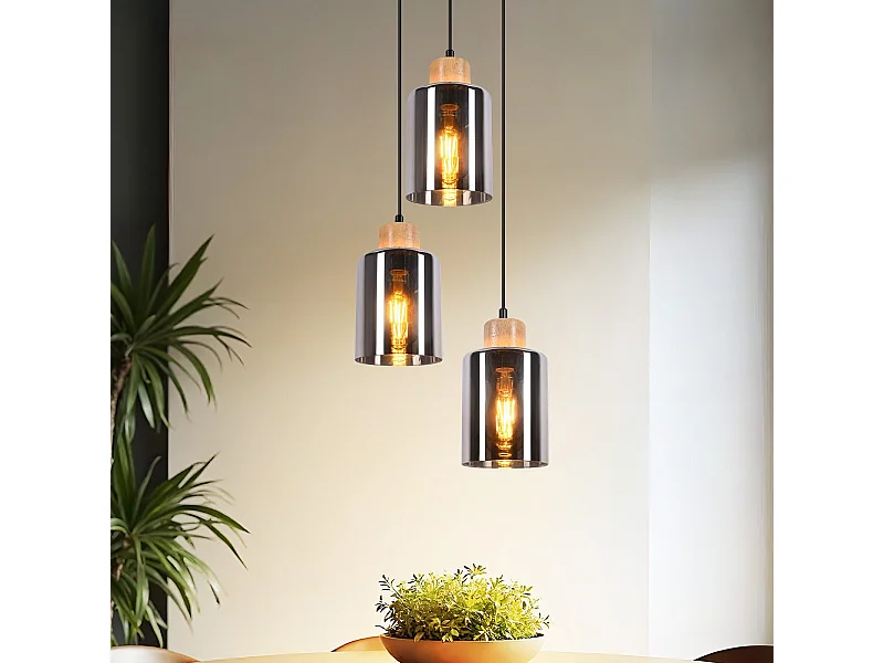 NETTLIFE Pendelleuchte aus Holz, E27 Hängelampe, Vintage Glas Esstischlampe