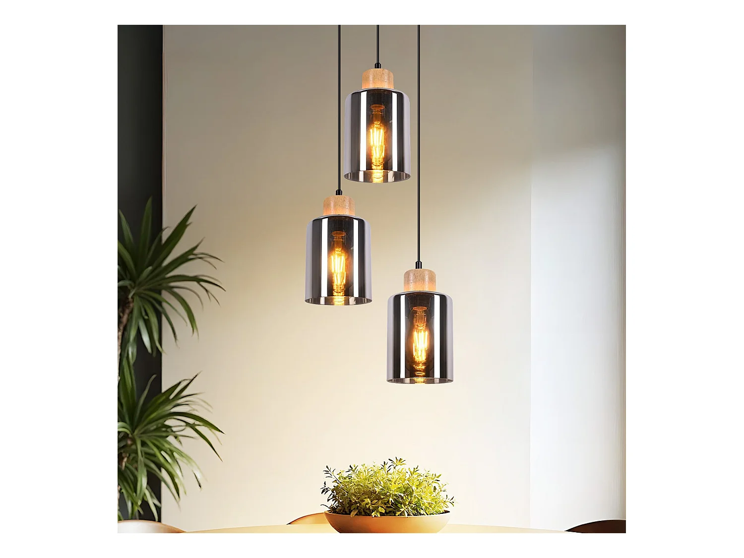 NETTLIFE Suspension en bois, lampe suspendue E27, lampe de table à manger vintage en verre