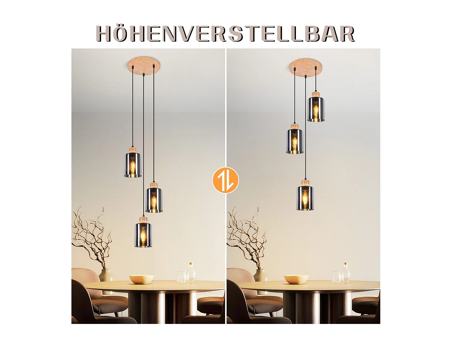 NETTLIFE Suspension en bois, lampe suspendue E27, lampe de table à manger vintage en verre