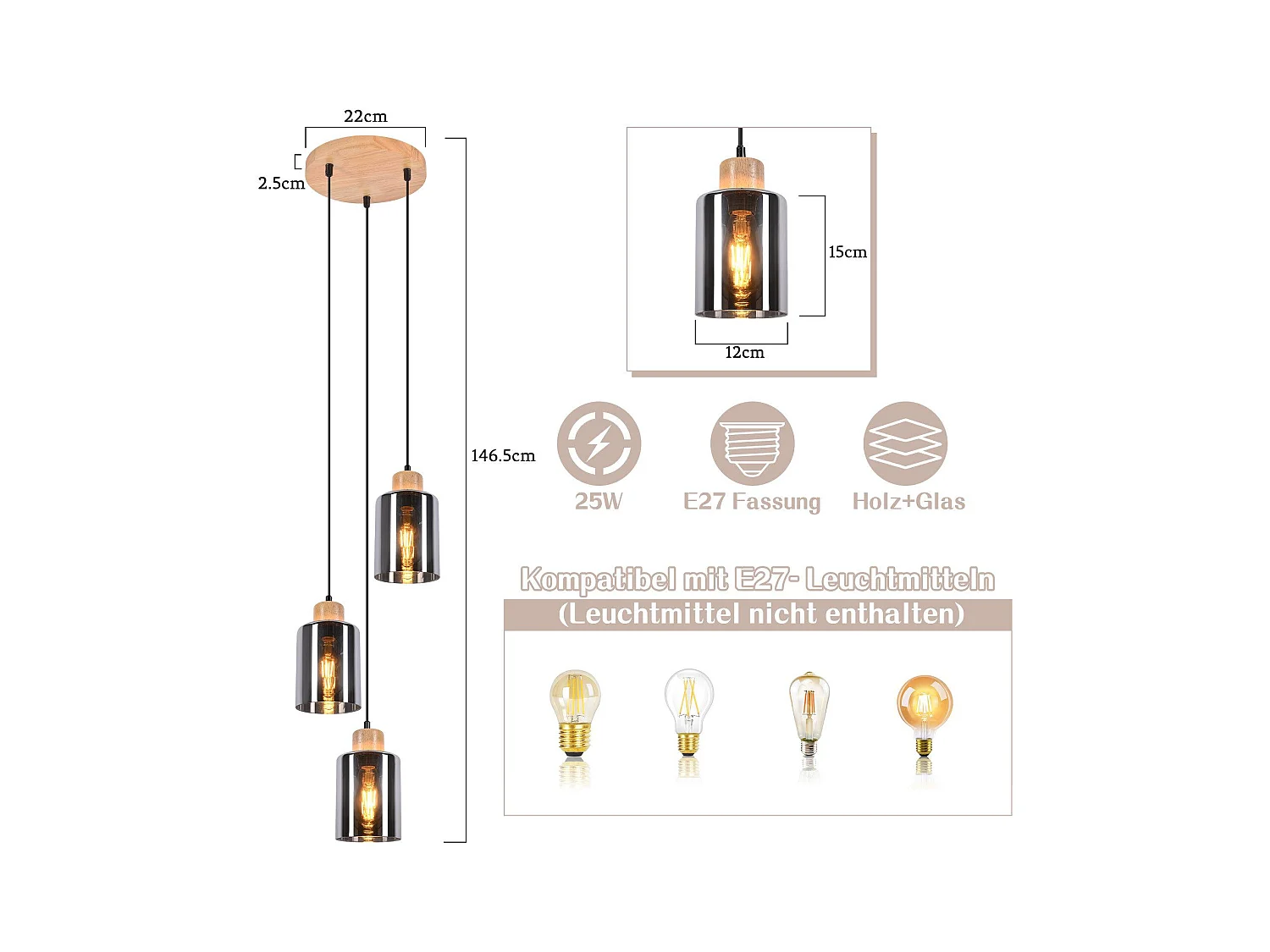 NETTLIFE Suspension en bois, lampe suspendue E27, lampe de table à manger vintage en verre