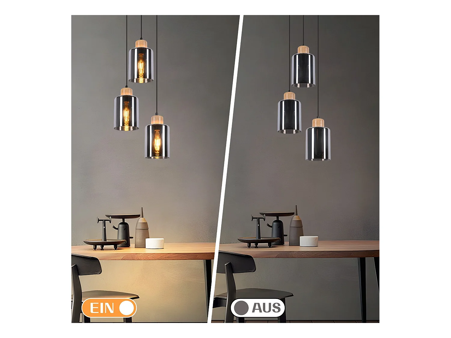 NETTLIFE Suspension en bois, lampe suspendue E27, lampe de table à manger vintage en verre