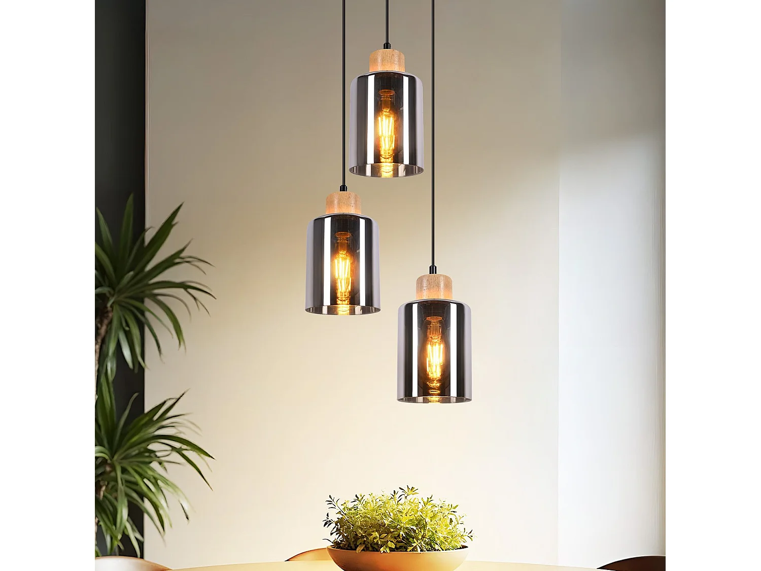 NETTLIFE Suspension en bois, lampe suspendue E27, lampe de table à manger vintage en verre