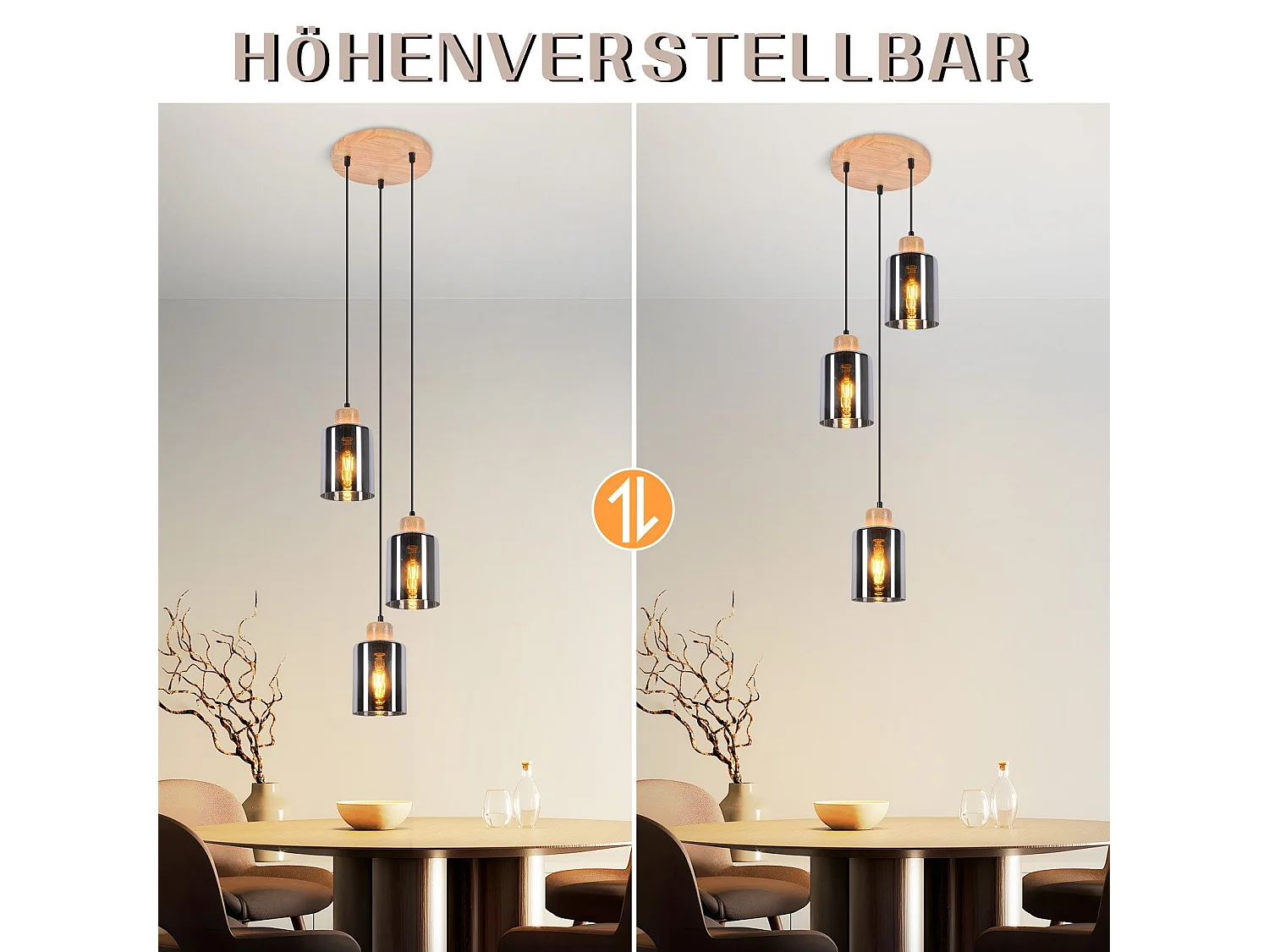 NETTLIFE Suspension en bois, lampe suspendue E27, lampe de table à manger vintage en verre