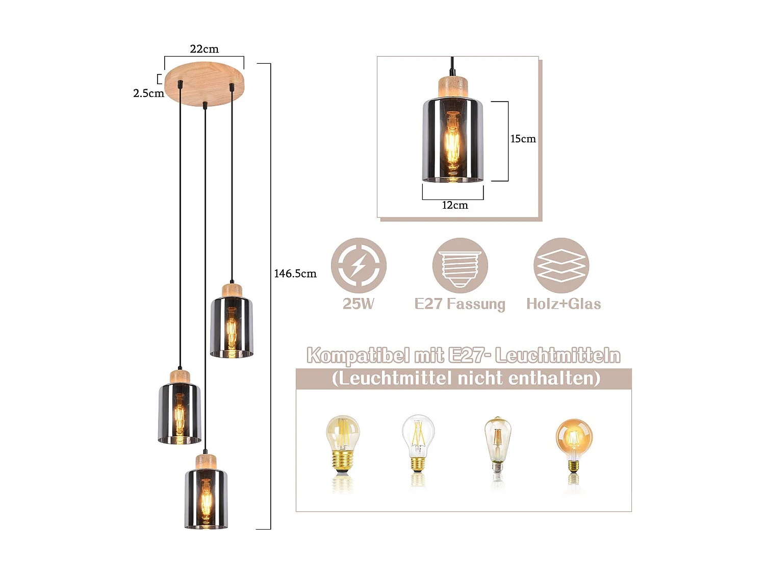 NETTLIFE Suspension en bois, lampe suspendue E27, lampe de table à manger vintage en verre