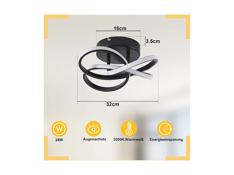 NETTLIFE Plafonnier LED pour cuisine - 28 W lampe de cuisine noire, design moderne à quatre feuilles, lampe de chambre à coucher, 3 000 K, blanc chaud