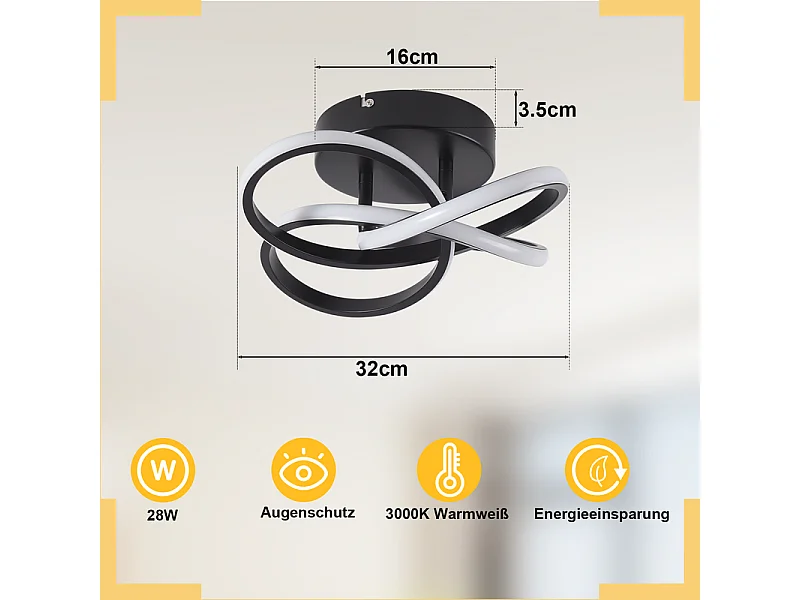 NETTLIFE LED-plafondlamp voor keuken - 28W zwarte keukenlamp, modern vierbladig ontwerp, slaapkamerlamp, 3000K, warm wit