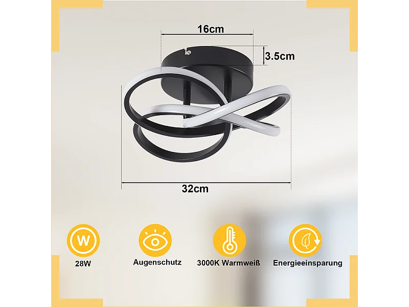 NETTLIFE LED-plafondlamp voor keuken - 28W zwarte keukenlamp, modern vierbladig ontwerp, slaapkamerlamp, 3000K, warm wit