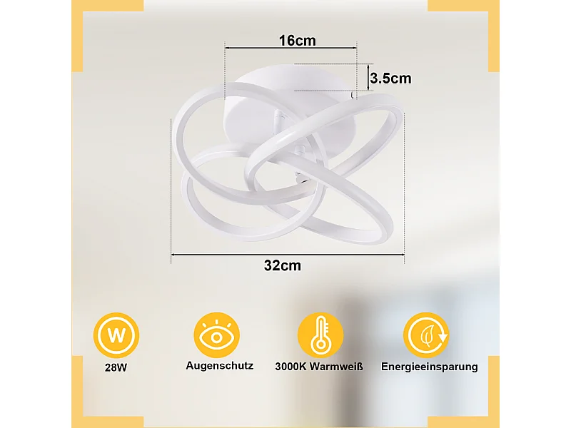 NETTLIFE Plafonnier LED pour chambre à coucher - 28 W, 3 000 K, blanc chaud, lampe de couloir, blanc
