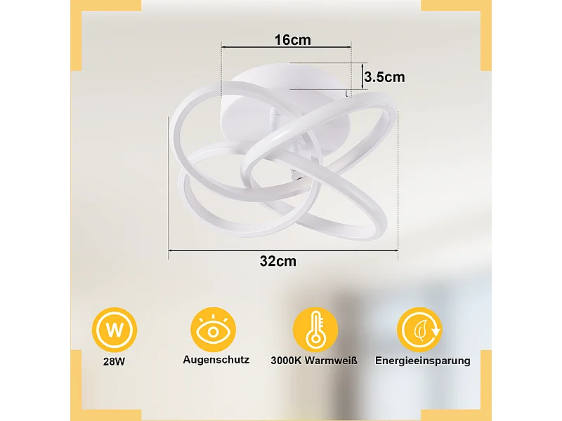 NETTLIFE Plafonnier LED pour chambre à coucher - 28 W, 3 000 K, blanc chaud, lampe de couloir, blanc
