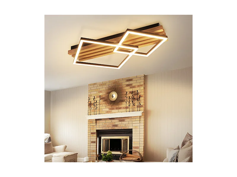 NETTLIFE Plafonnier led en bois à intensité variable : 55 cm, lampe de chambre carrée, moderne, géométrique, 36 w, lampe de salon, télécommande